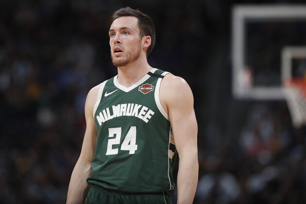 Milwaukee Bucks guard Pat Connaughton (24) in the first half of an NBA basketball game Monday, March 9, 2020, in Denver. (AP Photo/David Zalubowski) Milwaukee Bucks guard Pat Connaughton (24) in the first half of an NBA basketball game Monday, March 9, 2020, in Denver. (AP Photo/David Zalubowski)