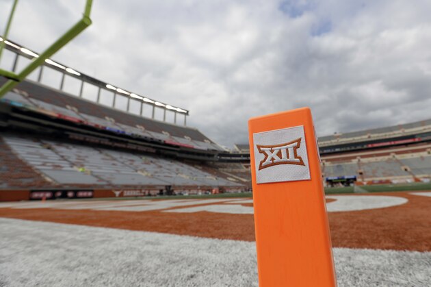 A Big 12 log is seen on a pylon at Darrell K Royal Texas Memorial Stadium before an NCAA college football game between Texas and Kansas State, Saturday, Oct. 7, 2017, in Austin, Texas. (AP Photo/Eric Gay)