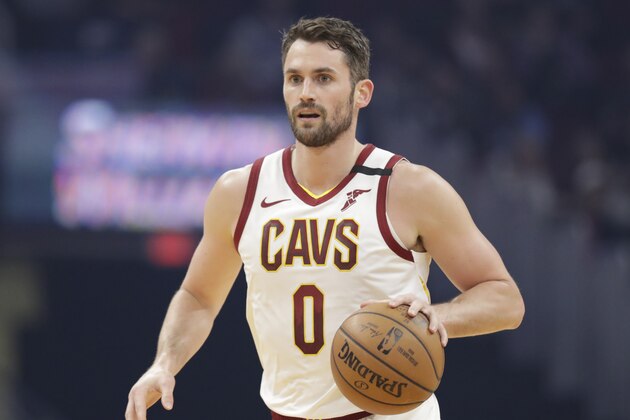 Cleveland Cavaliers' Kevin Love drives against the Miami Heat in the first half of an NBA basketball game, Monday, Feb. 24, 2020, in Cleveland. (AP Photo/Tony Dejak)