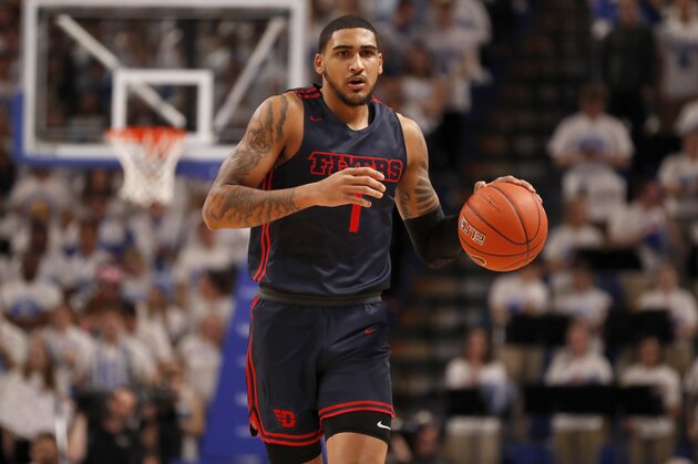 Dayton's Obi Toppin brings the ball down the court during the first half of an NCAA college basketball game against Saint Louis Friday, Jan. 17, 2020, in St. Louis. (AP Photo/Jeff Roberson)