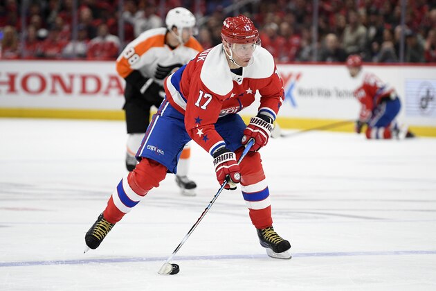 Washington Capitals left wing Ilya Kovalchuk (17), of Russia, skates with the puck during the second period of an NHL hockey game against the Philadelphia Flyers, Wednesday, March 4, 2020, in Washington. (AP Photo/Nick Wass)