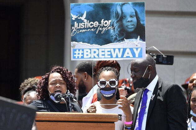 Tamika Palmer, the mother of Breonna Taylor addresses the crowd gathered on the steps of at the Kentucky State Capitol in Frankfort, Ky., Thursday, June 25, 2020. The rally was held to demand justice in the death of Taylor who was killed in her apartment by members of the Louisville Metro Police Department on March 13, 2020. (AP Photo/Timothy D. Easley)