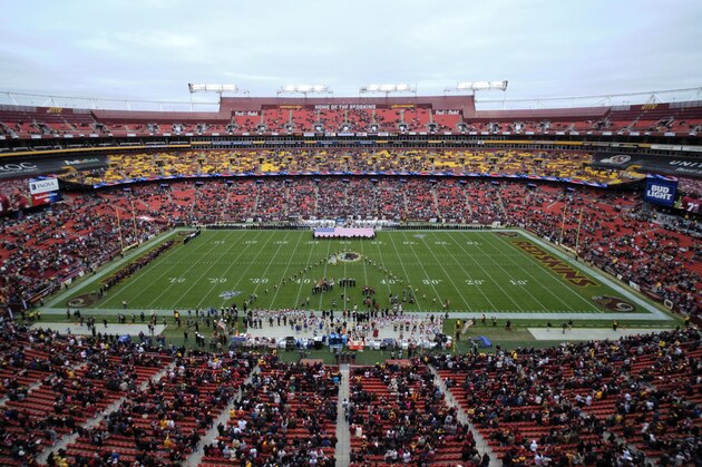 FILE - In this Nov. 17, 2019, file photo, FedEx Field is seen in this general view during the National Anthem prior to an NFL football game between the New York Jets and Washington Redskins, in Landover, Md. There were more than 20,000 empty seats for the Redskins’ last home game, and when many of them have been filled this season, it’s with fans of the visiting team. It could be even emptier Sunday when the 1-9 Redskins host the 3-6-1 Detroit Lions. (AP Photo/Mark Tenally, File)