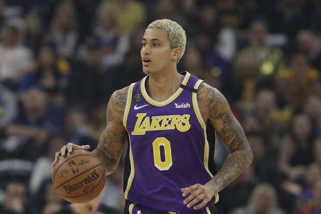 Los Angeles Lakers forward Kyle Kuzma (0) during an NBA basketball game against the Golden State Warriors in San Francisco, Thursday, Feb. 27, 2020. (AP Photo/Jeff Chiu)
