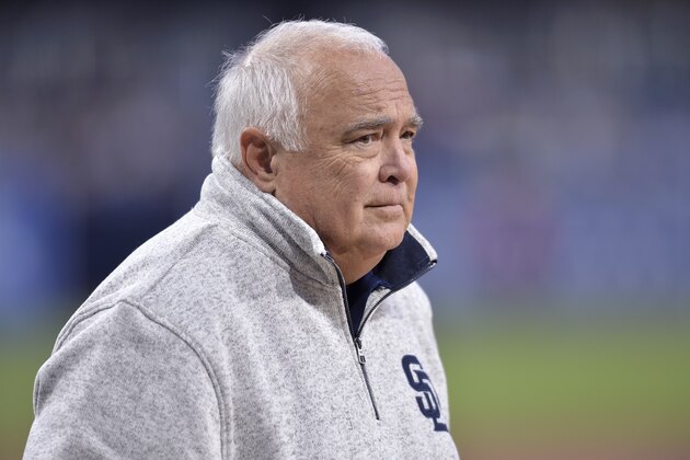 San Diego Padres executive chairman Ron Fowler looks on before the baseball game against the San Francisco Giants Friday, March 29, 2019, in San Diego. (AP Photo/Orlando Ramirez)