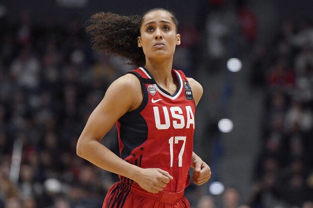 United States' Skylar Diggins-Smith in the first half of a basketball game, Monday, Jan. 27, 2020, in Hartford, Conn. (AP Photo/Jessica Hill) United States' Skylar Diggins-Smith in the first half of a basketball game, Monday, Jan. 27, 2020, in Hartford, Conn. (AP Photo/Jessica Hill)