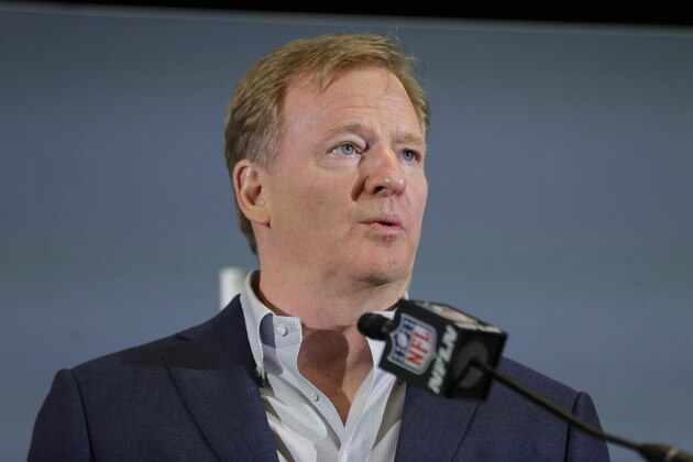 FILE - In this Feb. 3, 2020 file photo NFL Commissioner Roger Goodell speaks during a news conference in Miami. The NFL has set protocols for reopening team facilities and has told the 32 teams to have them in place by May 15. In a memo sent by Goodell and obtained Wednesday, May 6, 2020 by The Associated Press, several phases of the protocols were laid out. The first phase would involve a limited number of non-player personnel, initially 50 percent of the non-player employees (up to a total of 75) on any single day, being approved to be at the facility. But state or local regulations could require a lower number. (AP Photo/Brynn Anderson, file)
