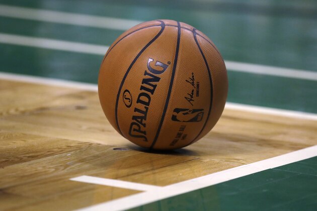 An official Spalding NBA basketball during a game in Boston, Wednesday, Dec. 20, 2017. (AP Photo/Charles Krupa)