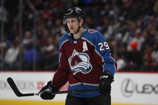 Colorado Avalanche center Nathan MacKinnon (29) in the second period of an NHL hockey game Wednesday, Feb. 19, 2020, in Denver. (AP Photo/David Zalubowski)