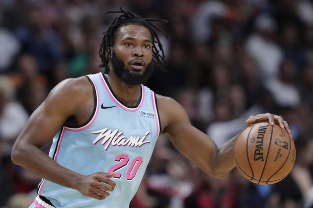 Miami Heat forward Justise Winslow (20) is in action during the second half of an NBA basketball game against the Golden State Warriors, Friday, Nov. 29, 2019, in Miami. The Heat won 122-105. (AP Photo/Lynne Sladky)