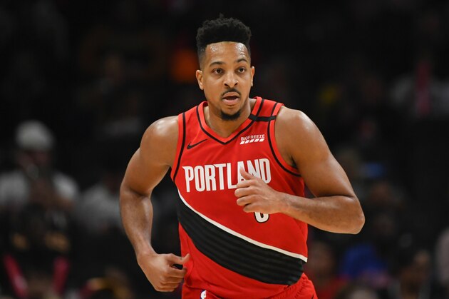 Portland Trail Blazers guard CJ McCollum is shown during an NBA basketball game against the Atlanta Hawks, Saturday, Feb. 29, 2020, in Atlanta. The Hawks won 129-117. (AP Photo/John Amis)