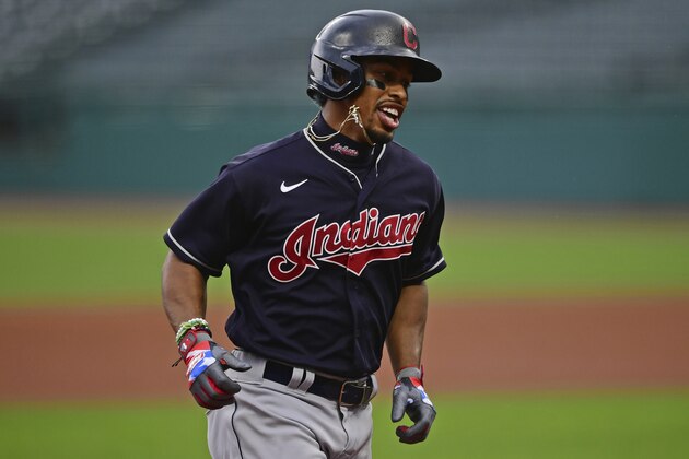 Cleveland Indians' Francisco Lindor runs the bases after hitting a home run during a simulated game at Progressive Field, Friday, July 10, 2020, in Cleveland. (AP Photo/David Dermer)
