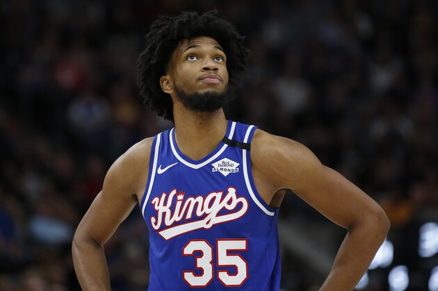 Sacramento Kings forward Marvin Bagley III (35) looks at the scoreboard in the first half during an NBA basketball game against the Utah Jazz Saturday, Jan. 18, 2020, in Salt Lake City. (AP Photo/Rick Bowmer)