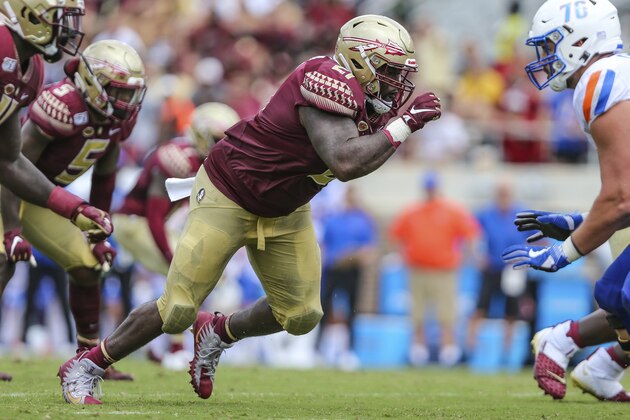 Florida State defensive tackle Marvin Wilson (21) fires off the line during an NCAA football game against Boise State on Saturday, Aug. 31, 2019 in Tallahassee, Fla. (AP Photo/Gary McCullough)