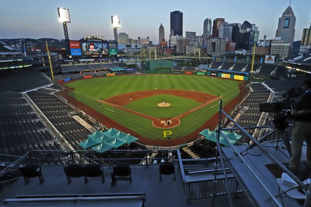 The Cleveland Indians and Pittsburgh Pirates play an exhibition baseball game at PNC Park in Pittsburgh, Saturday, July 18, 2020. The Indians won 5-3. (AP Photo/Gene J. Puskar)