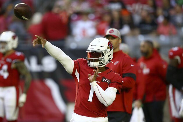 Arizona Cardinals quarterback Kyler Murray (1) warms up prior to an NFL football game against the Cleveland Browns, Sunday, Dec. 15, 2019, in Glendale, Ariz. (AP Photo/Ross D. Franklin)