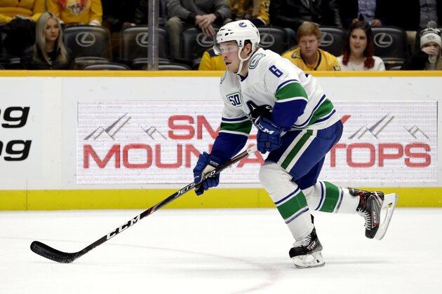 Vancouver Canucks right wing Brock Boeser (6) plays against the Nashville Predators in the first period of an NHL hockey game Thursday, Nov. 21, 2019, in Nashville, Tenn. (AP Photo/Mark Humphrey) Vancouver Canucks right wing Brock Boeser (6) plays against the Nashville Predators in the first period of an NHL hockey game Thursday, Nov. 21, 2019, in Nashville, Tenn. (AP Photo/Mark Humphrey)