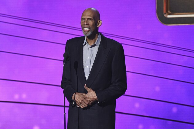 Kareem Abdul-Jabbar speaks at the NBA Awards on Monday, June 24, 2019, at the Barker Hangar in Santa Monica, Calif. (Photo by Chris Pizzello/Invision/AP)