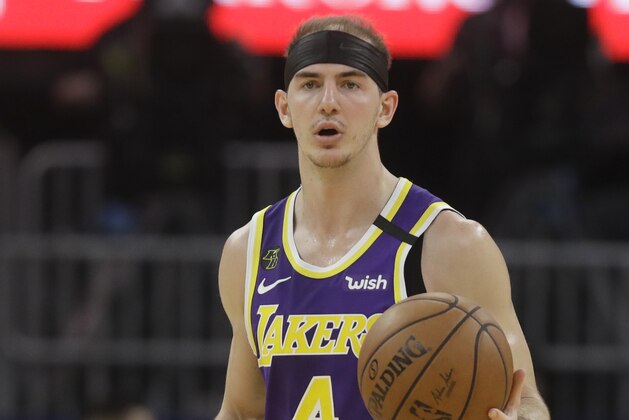 Los Angeles Lakers guard Alex Caruso (4) during an NBA basketball game against the Golden State Warriors in San Francisco, Thursday, Feb. 27, 2020. (AP Photo/Jeff Chiu)