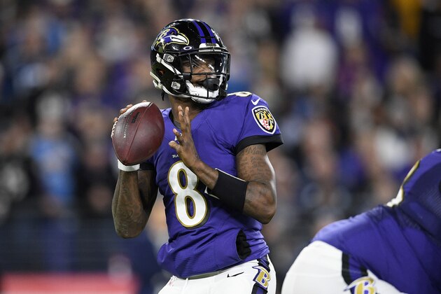 Baltimore Ravens quarterback Lamar Jackson (8) looks to pass during the first half an NFL divisional playoff football game against the Tennessee Titans, Saturday, Jan. 11, 2020, in Baltimore. (AP Photo/Nick Wass)