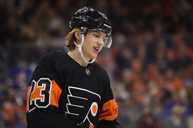 Philadelphia Flyers' Oskar Lindblom in action during an NHL hockey game against the New York Rangers, Sunday, March 31, 2019, in Philadelphia. (AP Photo/Derik Hamilton)