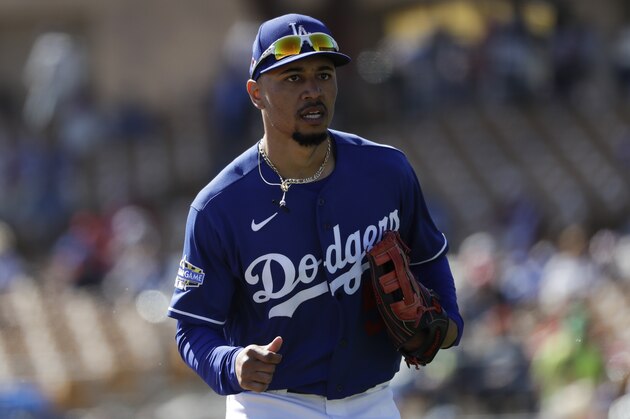 Los Angeles Dodgers right fielder Mookie Betts during the first inning of a spring training baseball game against the Los Angeles Angels, Wednesday, Feb. 26, 2020, in Glendale, Ariz. (AP Photo/Gregory Bull)