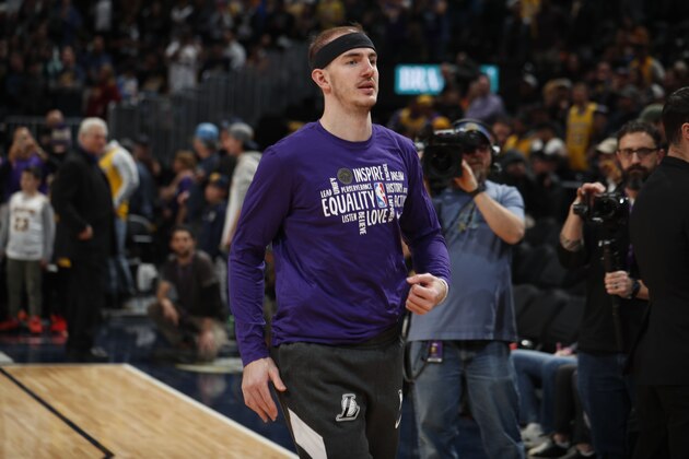Los Angeles Lakers guard Alex Caruso (4) in the first half of an NBA basketball game Wednesday, Feb. 12, 2020, in Denver. (AP Photo/David Zalubowski) Los Angeles Lakers guard Alex Caruso (4) in the first half of an NBA basketball game Wednesday, Feb. 12, 2020, in Denver. (AP Photo/David Zalubowski)