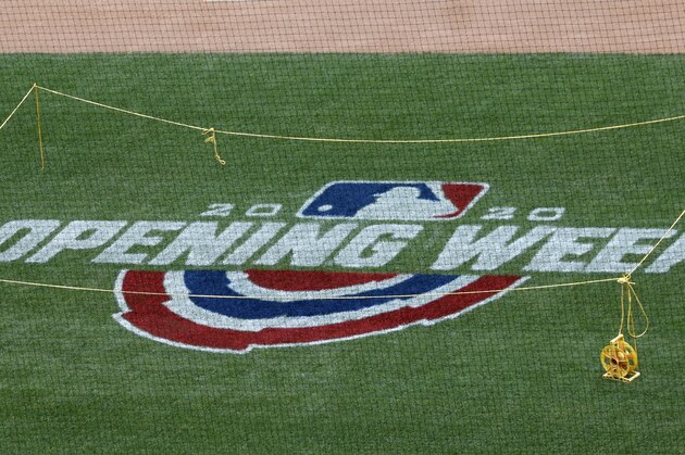An opening week logo is displayed at Citi Field during the New York Mets baseball practice, Wednesday, July 22, 2020, in New York. The Mets open the season in Friday against the Atlanta Braves. (AP Photo/Kathy Willens)