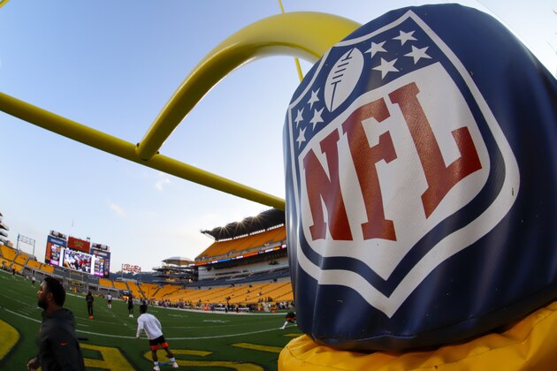 This is the NFL logo on a goalpost at Heniz Field during warmups before an NFL football game between the Pittsburgh Steelers and the Cincinnati Bengals in Pittsburgh, Monday, Sept. 30, 2019. (AP Photo/Gene J. Puskar)
