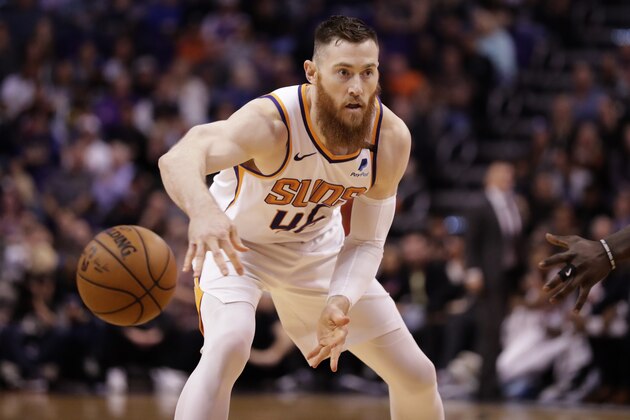 Phoenix Suns center Aron Baynes (46) against the Los Angeles Clippers during the second half of an NBA basketball game, Wednesday, Feb. 26, 2020, in Phoenix. (AP Photo/Matt York)