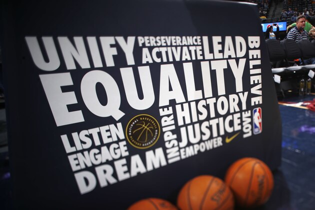 Black History Month logo on bad of backboard in Pepsi Center before the first half of an NBA basketball game Thursday, Feb. 1, 2018, in Denver. (AP Photo/David Zalubowski)