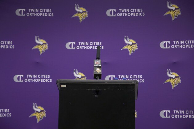 The NFL logo is seen on the microphone before a Minnesota Vikings news conference after an NFL football game against the Dallas Cowboys in Arlington, Texas, Sunday, Nov. 10, 2019. (AP Photo/Michael Ainsworth)