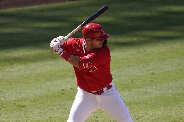 Los Angeles Angels center fielder Mike Trout bats during an intrasquad game at baseball practice at Angel Stadium on Wednesday, July 8, 2020, in Anaheim, Calif. (AP Photo/Ashley Landis)