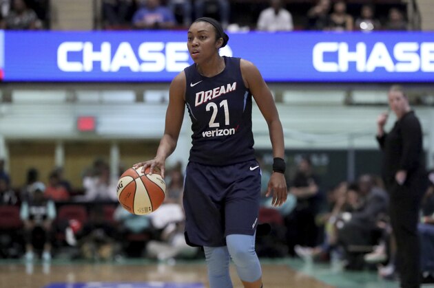 Atlanta Dream's Renee Montgomery #21 in action against the New York Liberty during a WNBA basketball game, Sunday, Aug. 12, 2018 in New York. The Atlanta Dream won the game. (AP Photo/Gregory Payan)