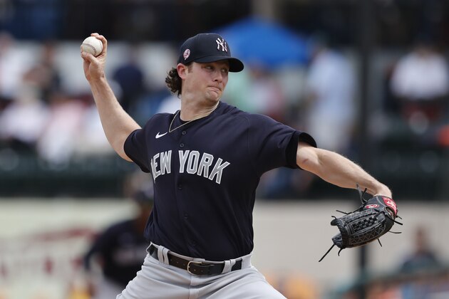 New York Yankees starting pitcher Gerrit Cole throws during a spring training baseball game against the Detroit Tigers, Thursday, March 5, 2020, in Lakeland, Fla. (AP Photo/Carlos Osorio)