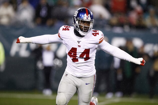 New York Giants' Markus Golden celebrates after sacking Philadelphia Eagles' Carson Wentz during the first half of an NFL football game, Monday, Dec. 9, 2019, in Philadelphia. (AP Photo/Matt Rourke)