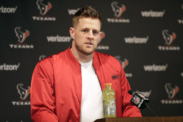 Houston Texans defensive end J.J. Watt answers a question during a news conference after an NFL wild-card playoff football game against the Buffalo Bills Saturday, Jan. 4, 2020, in Houston. The Texans won 22-19 in overtime.(AP Photo/Michael Wyke)