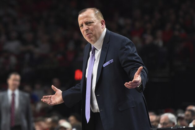 Minnesota Timberwolves coach Tom Thibodeau reacts to a call during the first half of the team's NBA basketball game against the Portland Trail Blazers in Portland, Ore., Saturday, Dec. 8, 2018. (AP Photo/Steve Dykes)