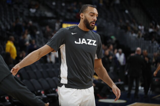 Utah Jazz center Rudy Gobert (27) in the first half of an NBA basketball game Thursday, Jan. 30, 2020, in Denver. (AP Photo/David Zalubowski)