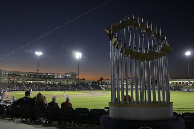 FILE - In this Feb. 27, 2020, file photo, a replica of the World Series trophy is seen in the stands as the Washington Nationals play the Houston Astros during a spring training baseball game Thursday, Feb. 27, 2020, in West Palm Beach, Fla. Major League Baseball has proposed expanding the playoff field from 10 teams to as many as 16 for this year and next season. Other major sports are accustomed to more teams in the postseason. (AP Photo/Jeff Roberson, File)