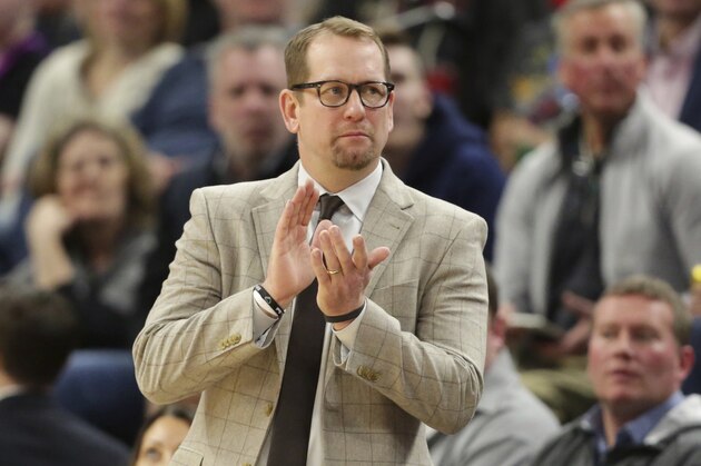 Toronto Raptors head coach Nick Nurse claps in the fourth quarter of an NBA basketball game against the Minnesota Timberwolves, Saturday, Jan. 18, 2020, in Minneapolis. (AP Photo/Andy Clayton-King)