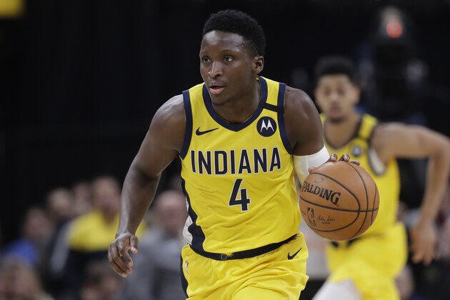 Indiana Pacers' Victor Oladipo (4) dribbles during the second half of an NBA basketball game against the Toronto Raptors, Friday, Feb. 7, 2020, in Indianapolis. Toronto won 115-106. (AP Photo/Darron Cummings)