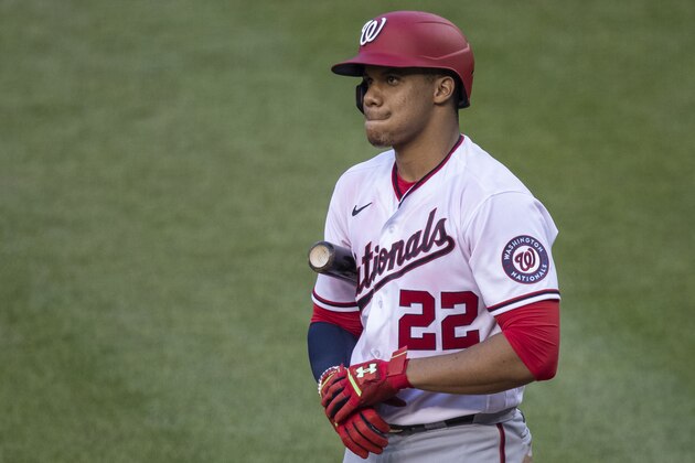 Washington Nationals' Juan Soto pauses while batting during a baseball intrasquad game at Nationals Park, Thursday, July 16, 2020, in Washington. (AP Photo/Alex Brandon)