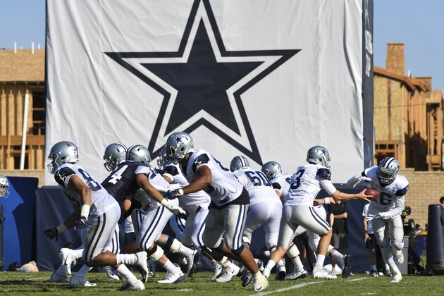 FILE - In this Monday, July 29, 2019, file photo, Dallas Cowboys practice at the NFL football team's training camp in Oxnard, Calif. The NFL has informed teams their training camps will open on time. League executive Troy Vincent sent a memo to general managers and head coaches on Saturday, July 18, 2020 informing them rookies are to report by Tuesday, quarterbacks and injured players by Thursday and all other players should arrive by July 28.  (AP Photo/Michael Owen Baker, File)