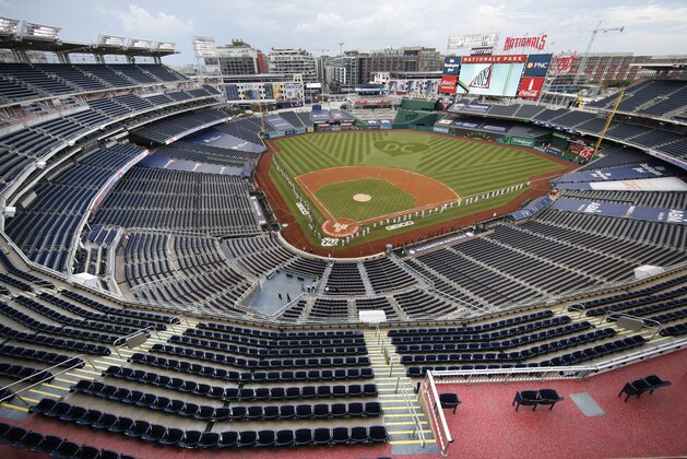 The New York Yankees and the Washington Nationals stand on the field before their opening day baseball game with no fans in the seats at Nationals Park, Thursday, July 23, 2020, in Washington. (AP Photo/Alex Brandon) The New York Yankees and the Washington Nationals stand on the field before their opening day baseball game with no fans in the seats at Nationals Park, Thursday, July 23, 2020, in Washington. (AP Photo/Alex Brandon)