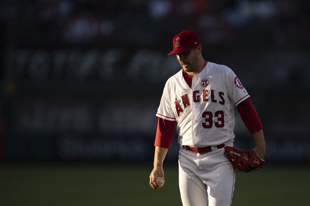 Los Angeles Angels starting pitcher Matt Harvey in a baseball game against the Houston Astros in Anaheim, Calif., Thursday, July 18, 2019. (AP Photo/Kyusung Gong)