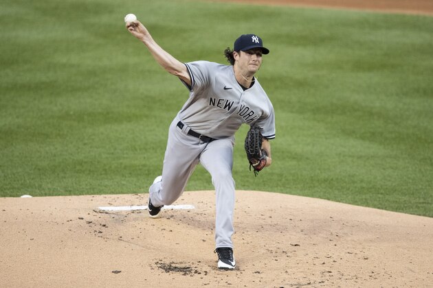 New York Yankees starting pitcher Gerrit Cole throws during the first inning of an opening day baseball game against the Washington Nationals at Nationals Park, Thursday, July 23, 2020, in Washington. (AP Photo/Alex Brandon)