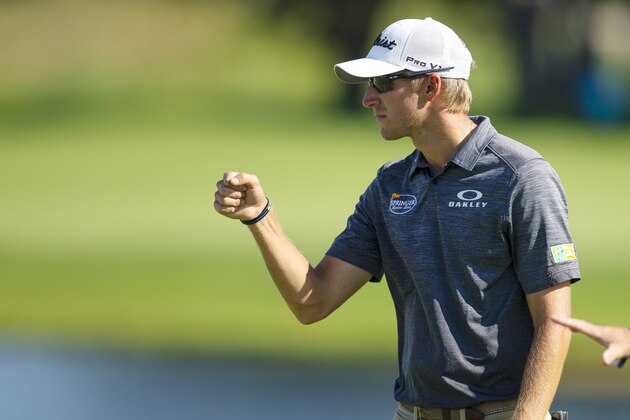 Richy Werenski celebrates after a birdie on the 18th hole to give him the lead of the during the first round of the 3M Open golf tournament in Blaine, Minn., Thursday, July 23, 2020. (AP Photo/Andy Clayton- King)