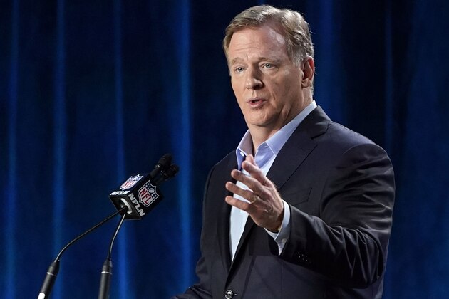 FILE - In this Jan. 29, 2020, file photo, NFL Commissioner Roger Goodell answers a question during a news conference for the NFL Super Bowl 54 football game in Miami. The NFL and the NFLPA havenâ€™t come to an agreement on all protocols for training camp and the preseason as the report date for teams draws closer. (AP Photo/David J. Phillip, File)