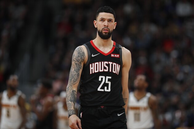 Houston Rockets guard Austin Rivers (25) in the second half of an NBA basketball game Sunday, Jan. 26, 2020, in Denver. The Nuggets won 117-110. (AP Photo/David Zalubowski)